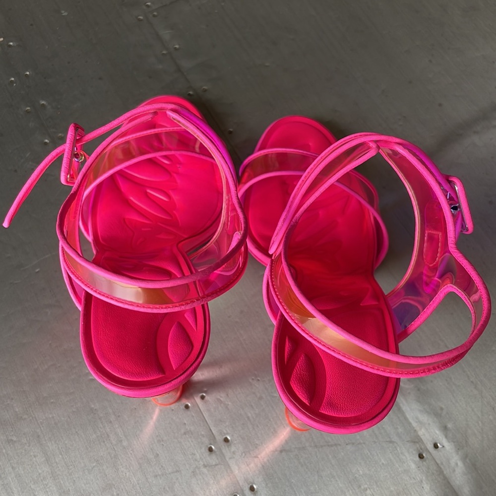 Christian Louboutin loubi duniss 100mm pink neon pvc pump peep toe sandal s 38.5 - Picture 7 of 12